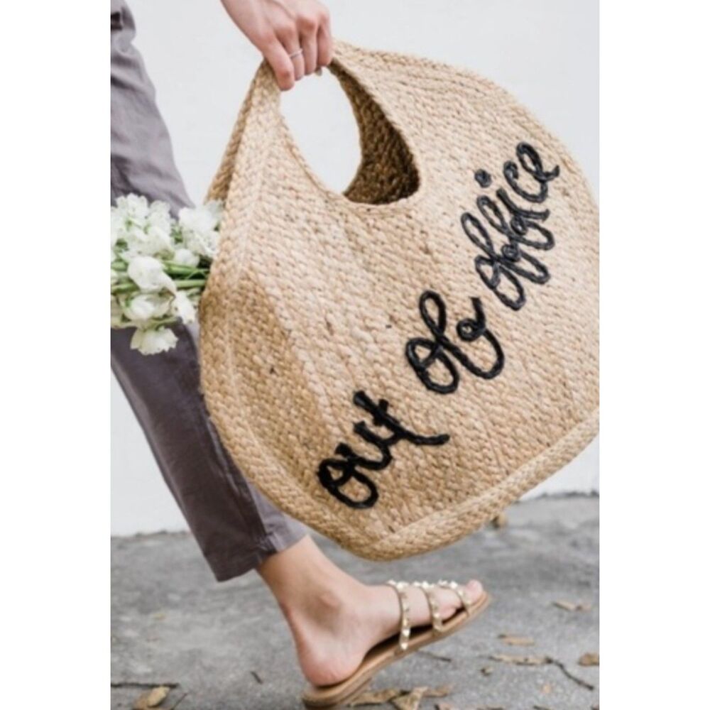 Shiraleah Out of Office Jute Tote Bag Natural Black Script Woven Beach Vacation